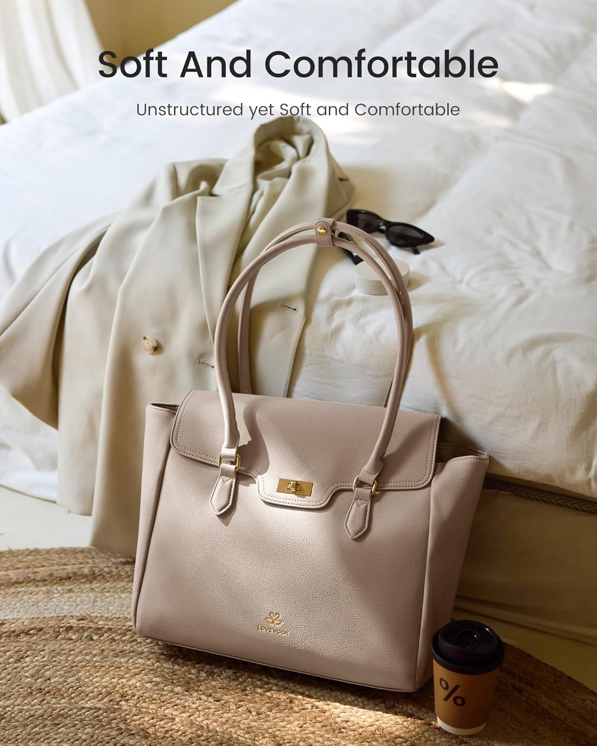 LOVEVOOK Laptop Bag for Women Soft Leather Work Bag, Office Shoulder Tote Purse Professional Briefcase with Flap Design