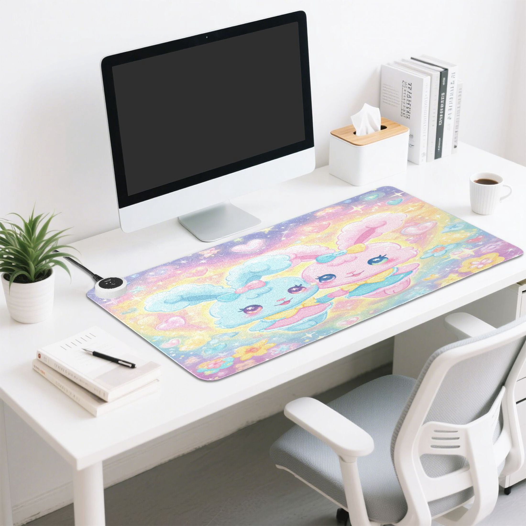 Large Heated Desk Mat Mouse Pad 31.5"x13"PU Leather Graphene Heating Desk Warmer with 3 Temperature Settings 110V US Plug Non-Slip Warm Pad for Home, Office, and Gaming Dreamy Celestial Bunny Duo