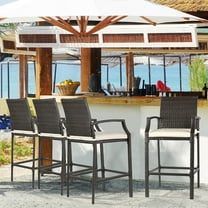 Patio Wicker Bar Stools Set of 4 Outdoor Counter Height Bar Stools Patio Chairs Bar Height Patio Stools & Bar Chairs with Footrest Armrest Cushion Cream