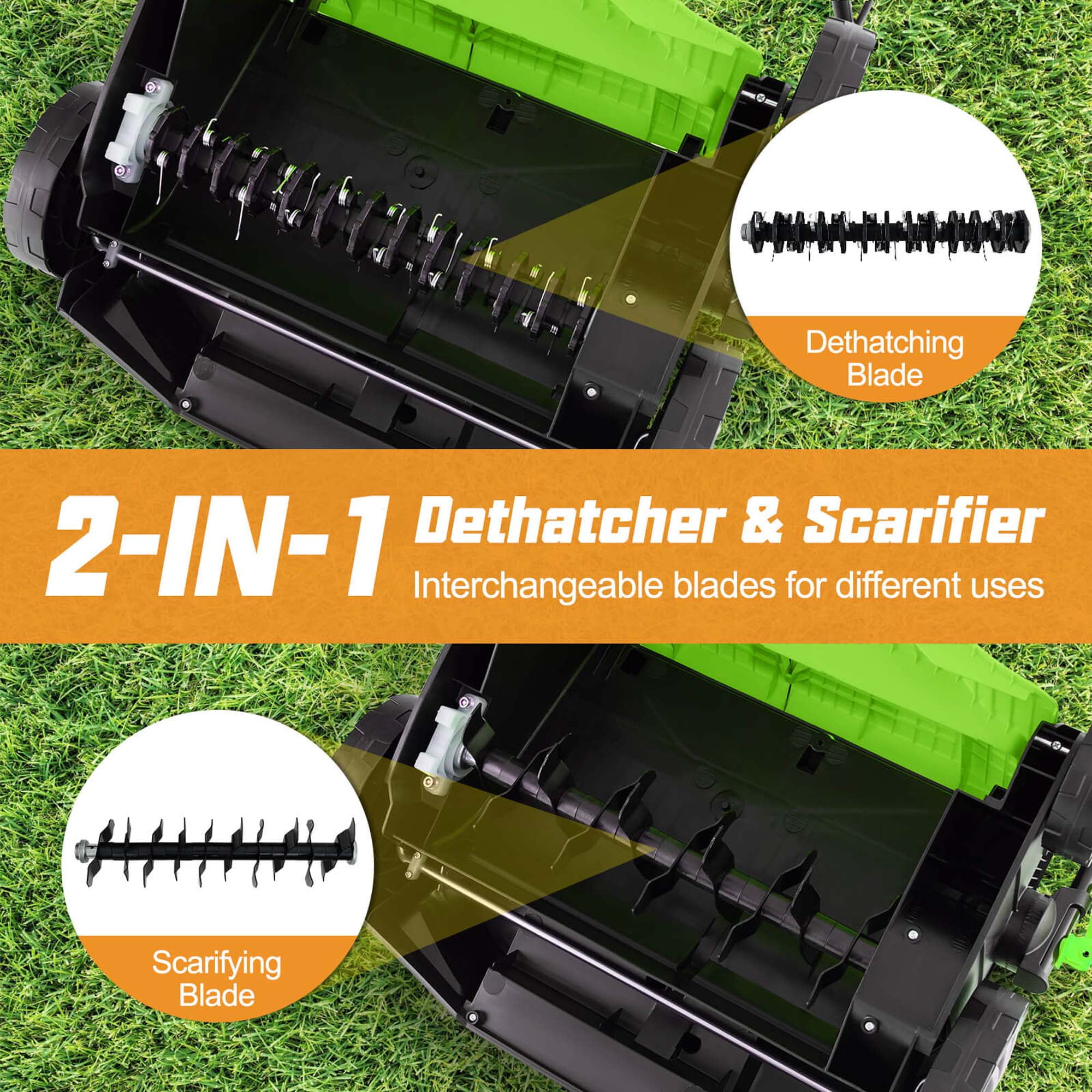 Costway 16-Inch Electric Dethatcher & Scarifier 15A 2-In-1 Lawn Dethatcher Green