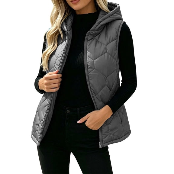 hoksml Women's Hooded Quilted Vest Full Zip Sleeveless Padded Warm Lightweight Gilet for Outdoor Travel Daily Casual Comfort