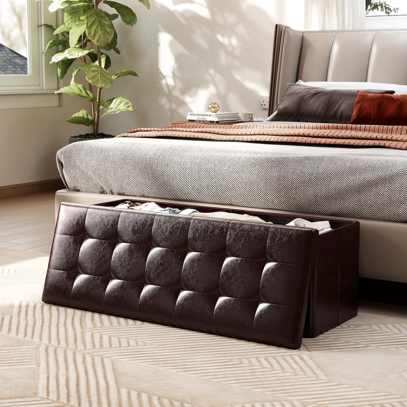 Costway 43''x15''x15'' Large Folding Storage Faux Leather Ottoman Pouffe Box Stool Brown