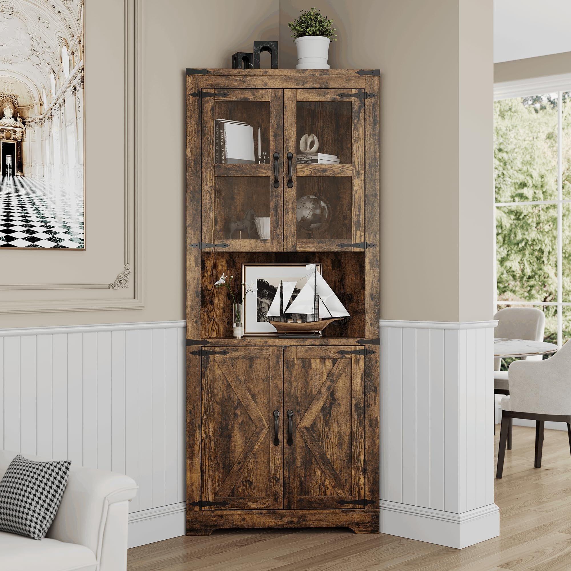 Corner Storage Cabinet with Glass Doors, Double-Door Corner Cabinet, Corner Cabinet with Shelves, Corner Cabinet with Light Strips-Retro color