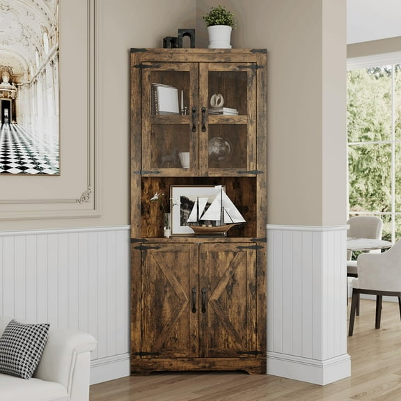 Farmhouse Corner Cabinet with Lights, Tall Corner Storage Cabinet with Glass Door & Adjustable Shelves, for Living Room, Kitchen, Bathroom