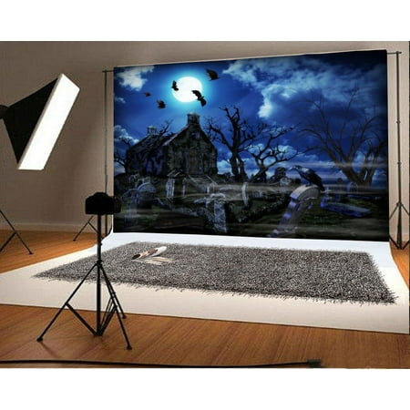 Image of HelloDecor 7x5ft Photography Backdrop Halloween Horror Moon Night Haunted House Old Tree Stone Tablet Gloomy Scary Costume Party Background Kids Children Adults Photo Studio Props