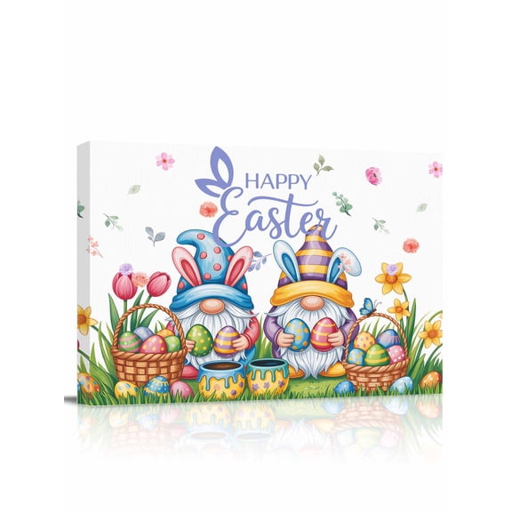 Happy Easter Canvas Print Wall Art Spring Gnomes Colored Eggs Floral Grass Pictures Painting Morden Artwork for Living Room Bedroom, Ready to Hang - 12"x16"