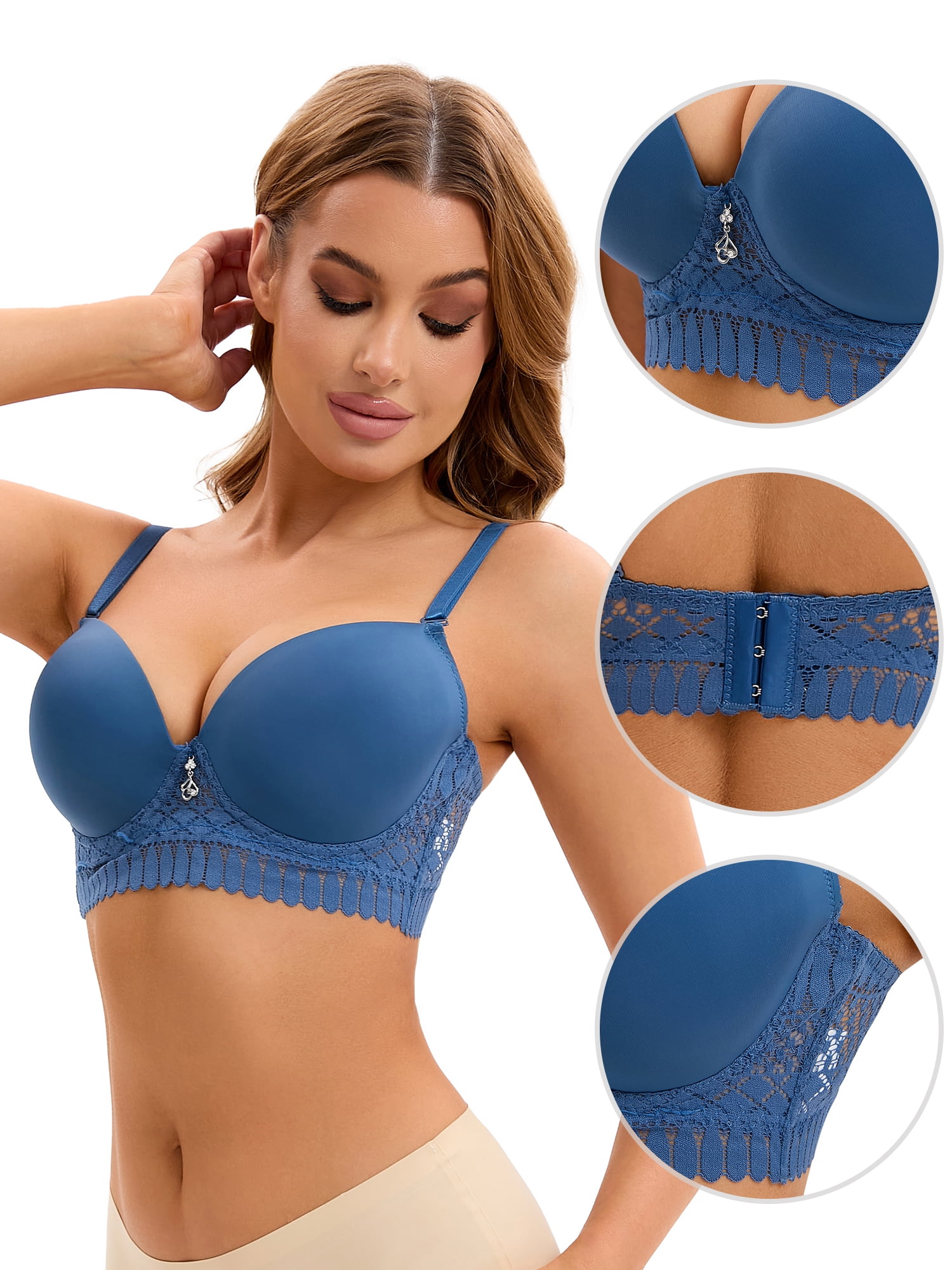 Unique Bargains Women's Adjustable Straps Lightweight Lace Trim Push Up Bras E 38 Blue