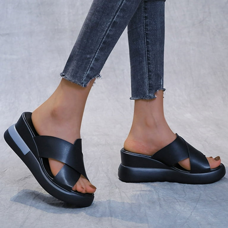 Cathalem Indoor Slippers Women Cute Women Heel Color Slippers Fashion Surface Slope Beach Solid Arch Support Slippers for Women Black 8