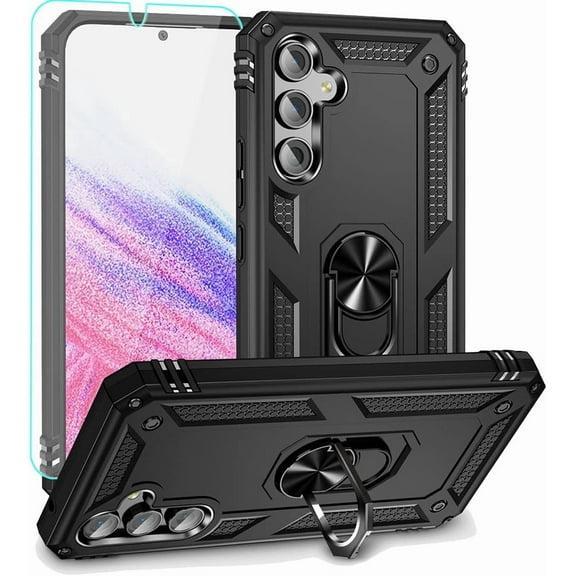 REQO for Samsung A54 5G Case, Galaxy A54 5G Case with HD Screen Protector, Military-Grade Metal Ring Grip Holder Kickstand 15ft Drop Tested Shockproof Cover Case for Samsung Galaxy A54 5G Black