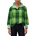 thumbnail image 5 of St. Patrick's Day Hoodie for Women Classic Plaid Pattern Ribbed Collared Button Placket Long Sleeve Loose Fit Festive Holiday Graphic Top, 5 of 6