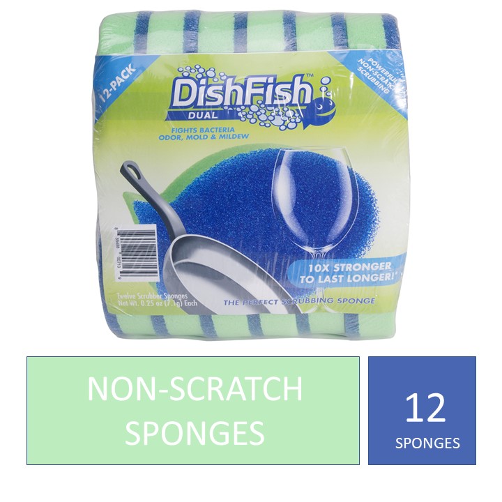 DishFish Dual Scrubber & Sponge, 12Pack