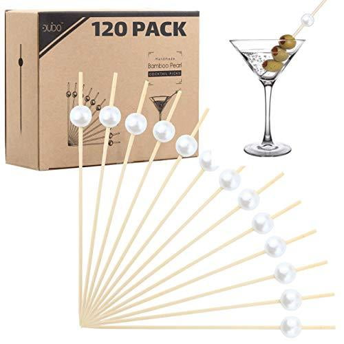 Bamboo Cocktail Picks Skewers Toothpicks 120 Pack White Pearl 4.75 inch Wooden Frill Tooth