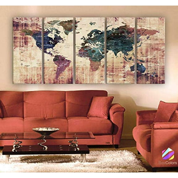 Original by BoxColors Xlarge 30"x 70" 5 Panels 30x14 Ea Art Canvas Print Watercolor Brown Green Old Map World Push Pin Travel Wall decor (framed 1.5" depth) M1819