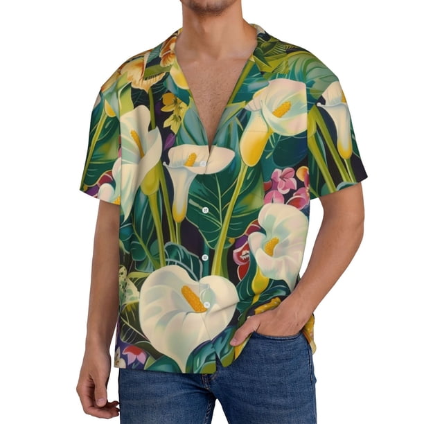 Fotbe Tropical Floral Jungle Camisa Estampada de Manga Corta para Hombre, Casual de Verano, Estilo Playero, Sin Arrugas-Medium
