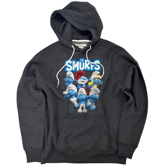 Smurfs Group Shot Unisex Adult Slim Fit Pull-Over Heather Hoodie, Charcoal, Small