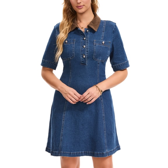 INSPIRE CHIC Women's Jean Dresses Vintage Collared Button Short Sleeve Fit and Flare Demin Dress S Blue