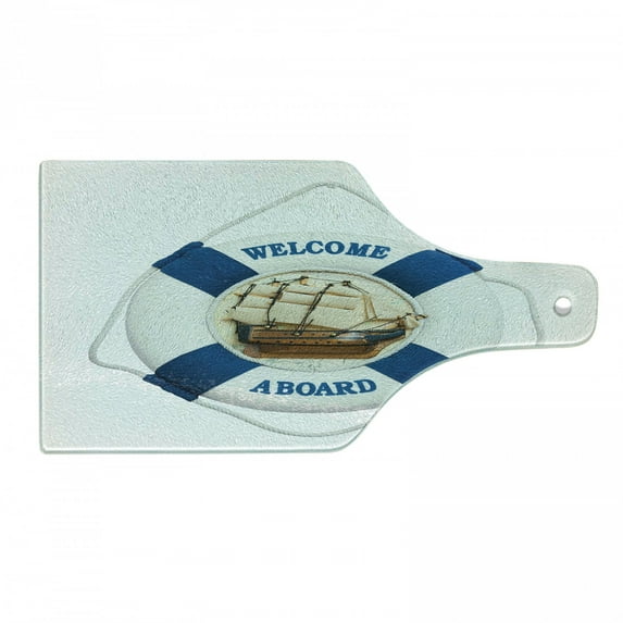 Coastal Cutting Board, Nautical on the Wall Navigation Transportation Circle Shaped Art, Decorative Tempered Glass Cutting and Serving Board, Wine Bottle Shape, Blue Brown White, by Ambesonne