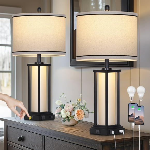 Lamp Cinkeda, juego de enchufes USB C+A vintage de 27 pulgadas, color negro