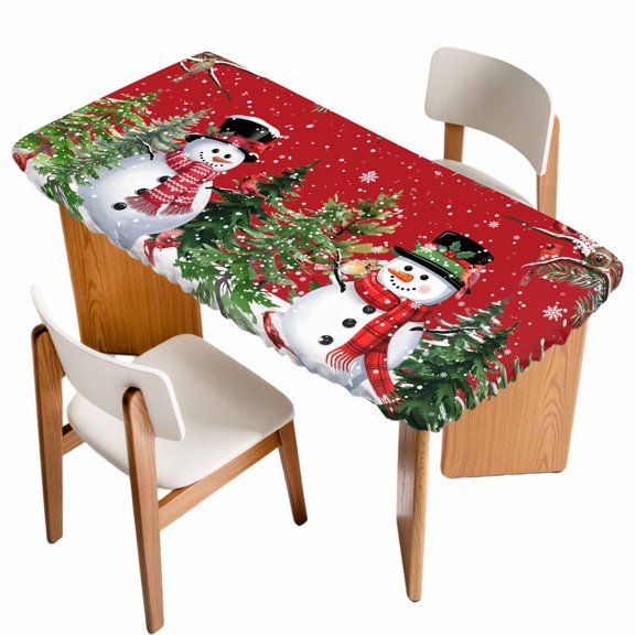 Red Snowman Christmas Table Cloths for 4 Foot Rectangle Tables, Xmas Tree Snowflake Winter Branches Patio Waterproof Elastic Fitted Tablecloths, Washable Rectangular Table Cover for Camping