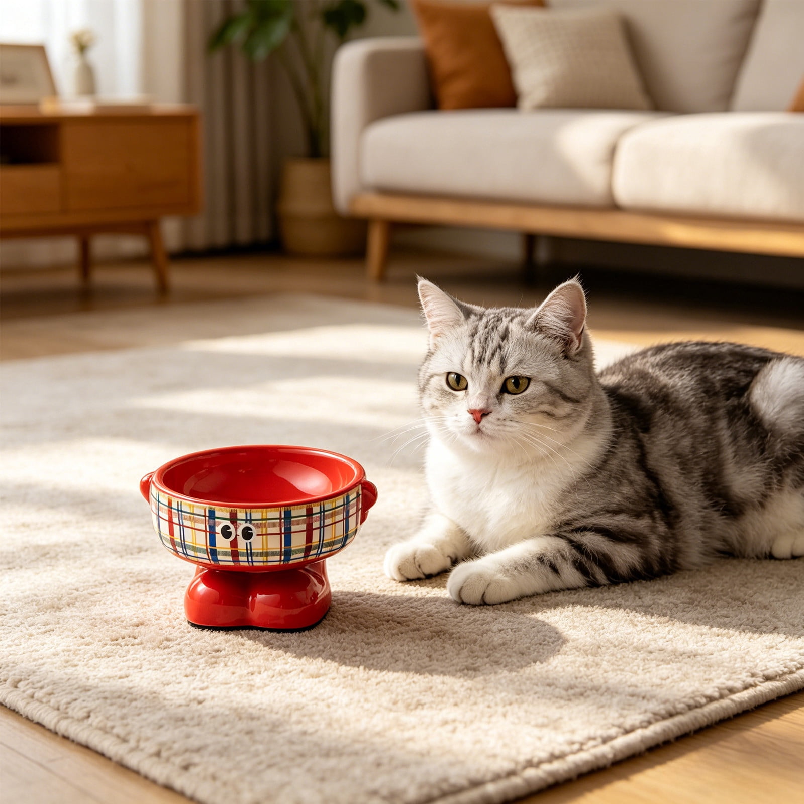 Elevated Ceramic Pet Bowl for Cats and Small Dogs, Raised Food and Water Dish for Spine Support, Non Slip Weighted Base, Easy Clean No Mess Chin Friendly Feeding Bowl for Daily Use