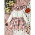 thumbnail image 3 of Infant Girl Spring A-Line Dress with Bow Headband, Long Sleeve Round Neck Plaid Print Patchwork Dress, 3 of 9