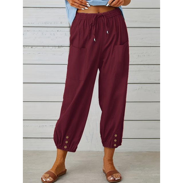 Plus Size Women's Solid Bow Knot Elastic Button Decor Casual Pants with Pockets