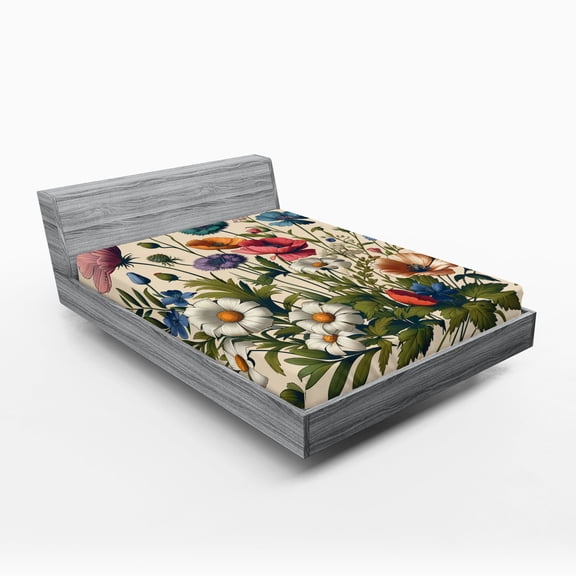 Ambesonne Floral Eucalyptus Fitted Sheet, Colorful Blossomy, California King, Champagne and Multicolor