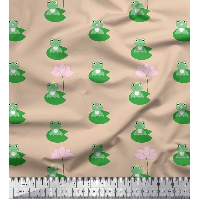 Soimoi Rayon Crepe Fabric Lotus & Frog Kids Print Fabric by The Yard 46 Inch Wide