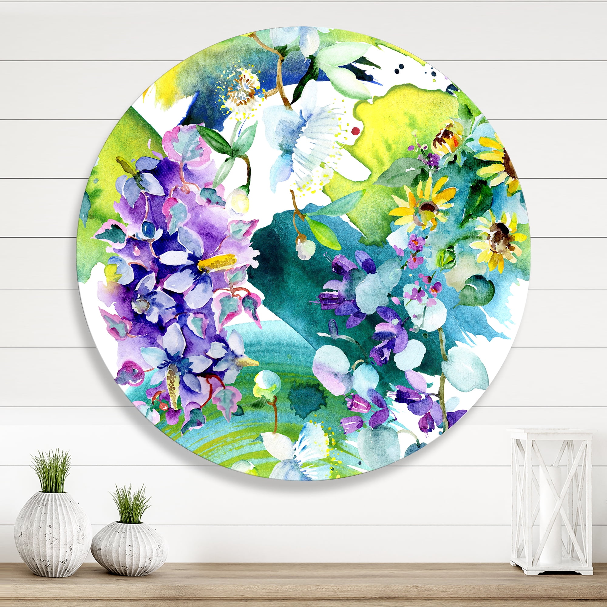Designart 'Bouquet of Sunflowers and Wildflowers' Farmhouse Circle Metal Wall Art 23x23 - Disc of 23