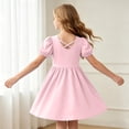 thumbnail image 3 of ASEIDFNSA Girls V Neck Puff Sleeve Dress with A Line Skirt Solid Color and Ruffle Detail (Pink,13-14 Years), 3 of 3
