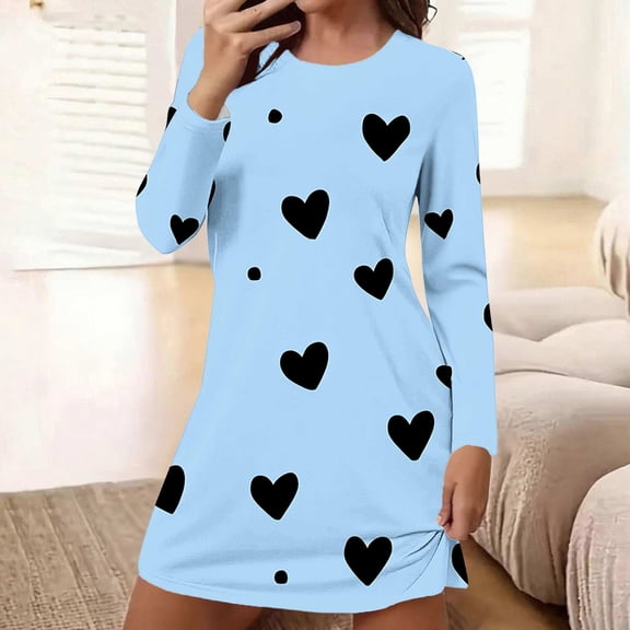 Sakmal Valentines Moo Moos for Women Nightgowns Love Long Sleeve Cute Loungewear Heart Print Knee Length Nightgowns for Women L