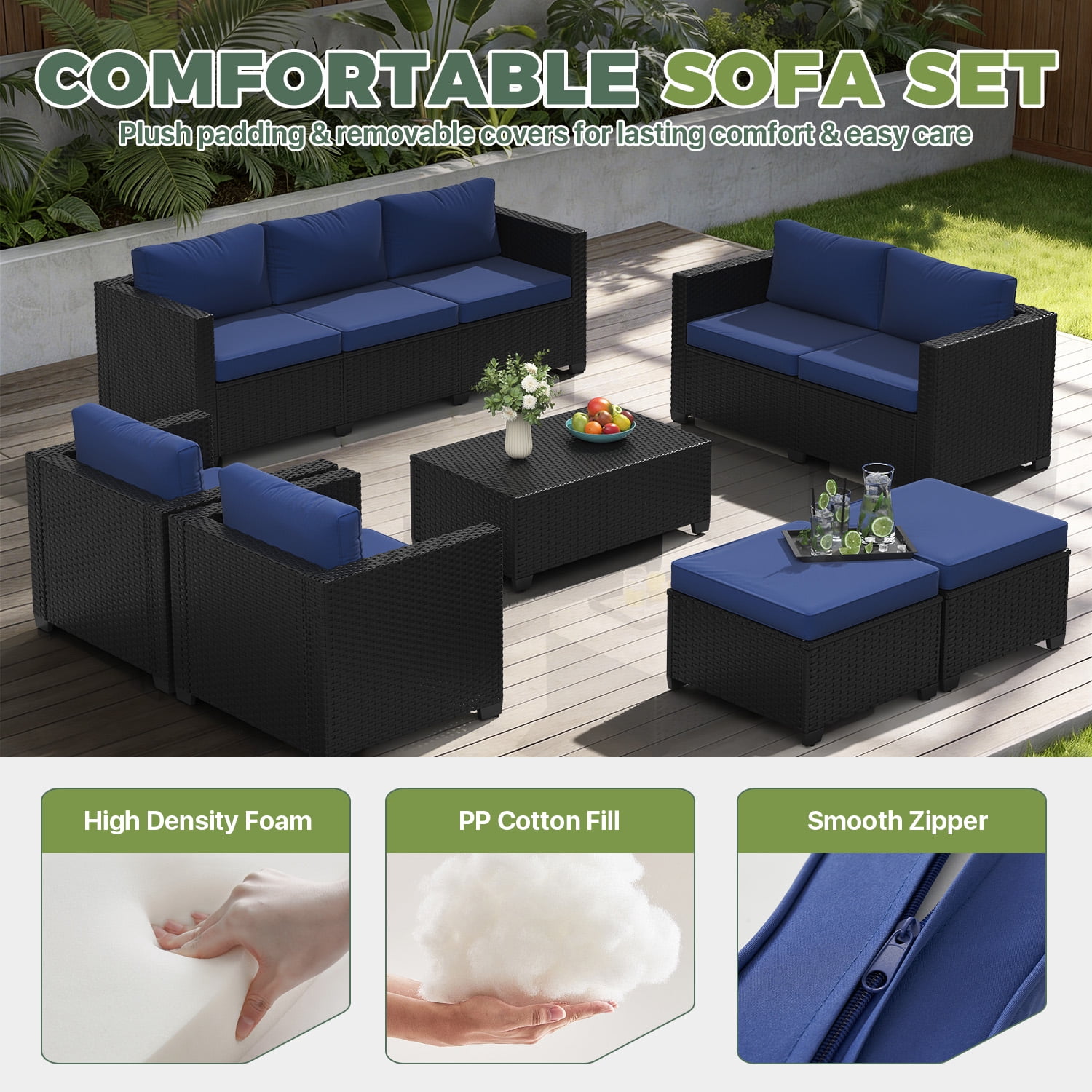 BaPiPro 7-Piece Blue PE Rattan Outdoor Sectional Sofa Set, Patio Furniture with Storage Table, Convertible Ottomans & Weather Resistant Cushions for Backyard & Poolside