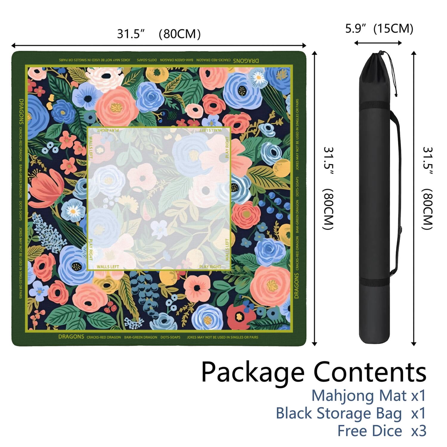 Green Mahjong Mat with Rules, 31.5*31.5in Anti Slip American Mahjong Mat for Table, Noise Reduction, Neoprene Mah jongg Mats with Carrying Bag & 3 Dices, Mahjong Set Gift, Board Tile Games Mats