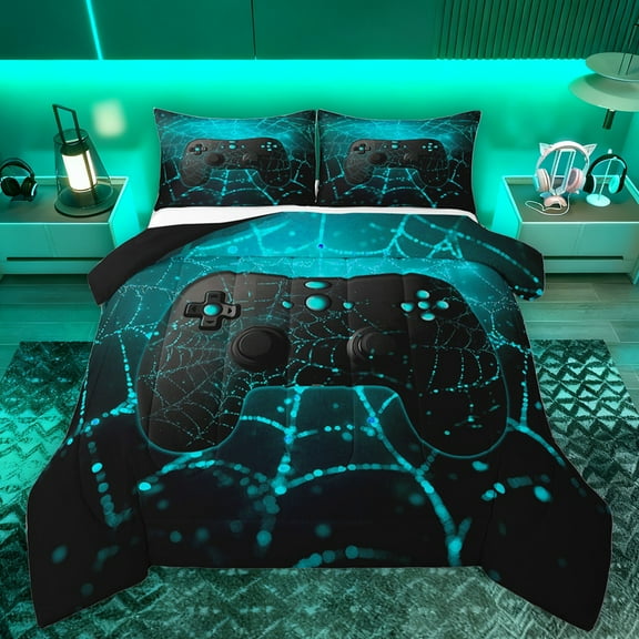 Feelyou 3D Gamepad Player Bedding Comforter Set for Boys, Glitter Blue Spider Web Twin Comforter Sets, Modern Gaming Reversible Bedding Set, Ultra Soft Bedroom Decor, 2pcs
