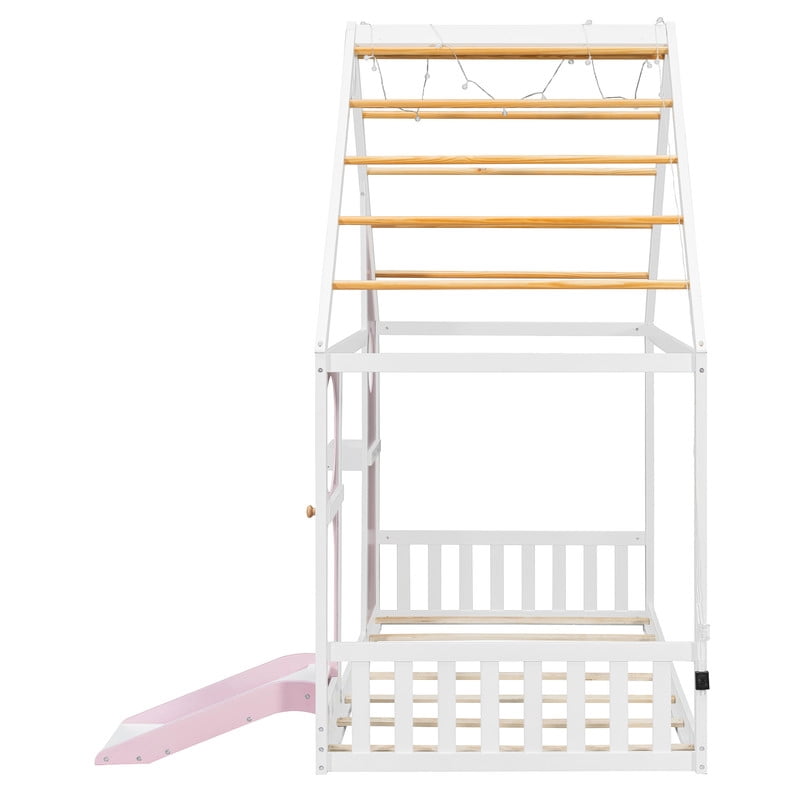 Twin Size Kids House Bed with Small Slide, Wooden Playhouse Floor Design Platform Bed Frame with Light Strip & Storage Shelf