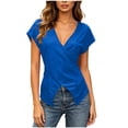 thumbnail image 2 of Mifsaly Womens Wrap Blouse Cross Front Short Sleeve V Neck T Shirts Slim Fit Ruched Pleated Casual Blouses Flattering Summer Going Out Tops Blue,L, 2 of 9