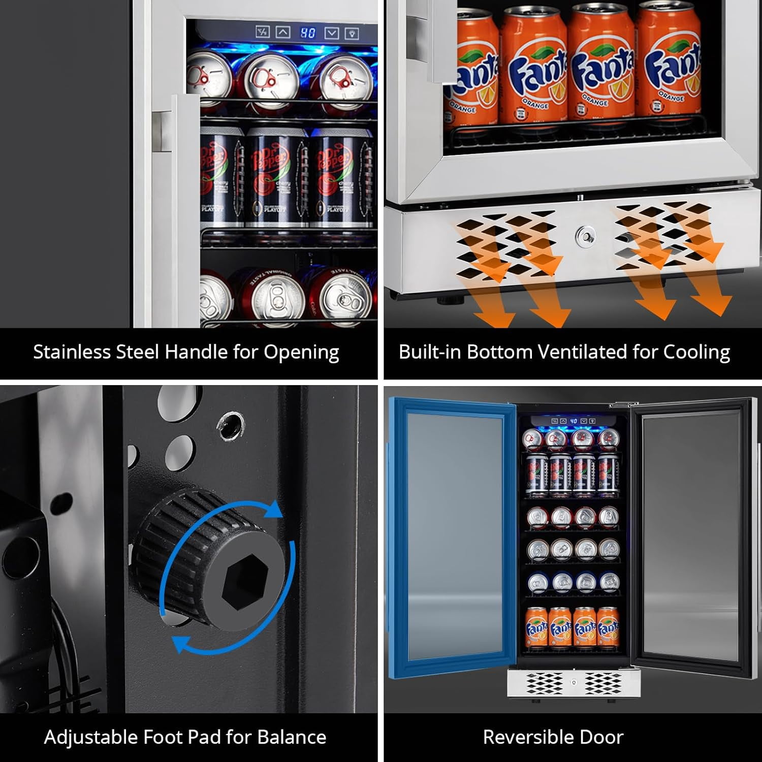 15 Inch Beverage Refrigerator, 96 Cans Stainless Steel Fridge with Double-Layer Tempered Glass Door, Freestanding & Built-In Wine Cooler, Safety Lock for Home, Office, Bar