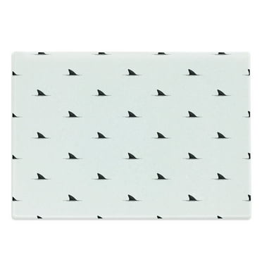 Sea Animals Cutting Board, Pattern of Shark Fins Speedy Fish Hunting Minimalistic Design Art Print, Decorative Tempered Glass Cutting and Serving Board, Large Size, White Black, by Ambesonne