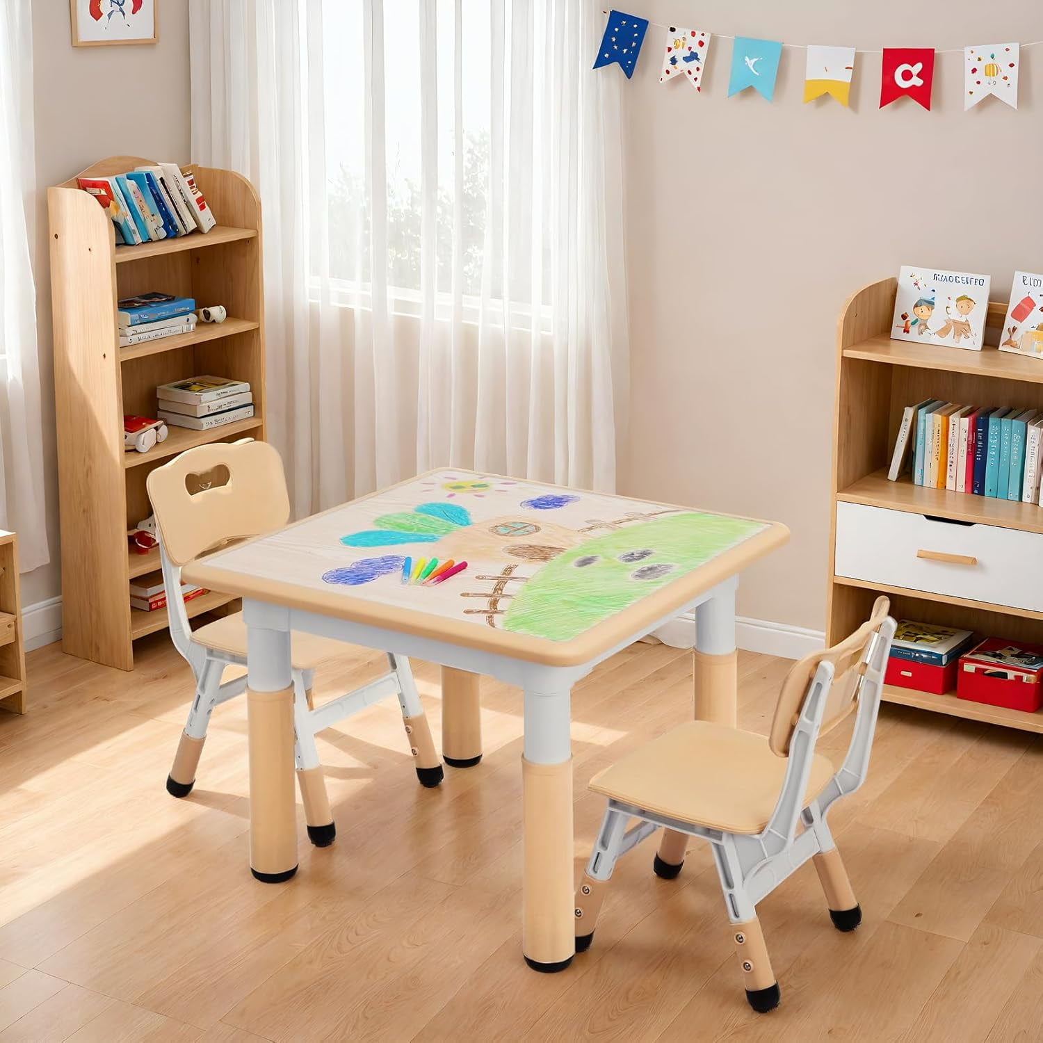 LAZY BUDDY Adjustable Kids Table and Chairs Set, Toddler Table and 2 Chairs Children Multi-Activity Desk Set for Ages 2-8