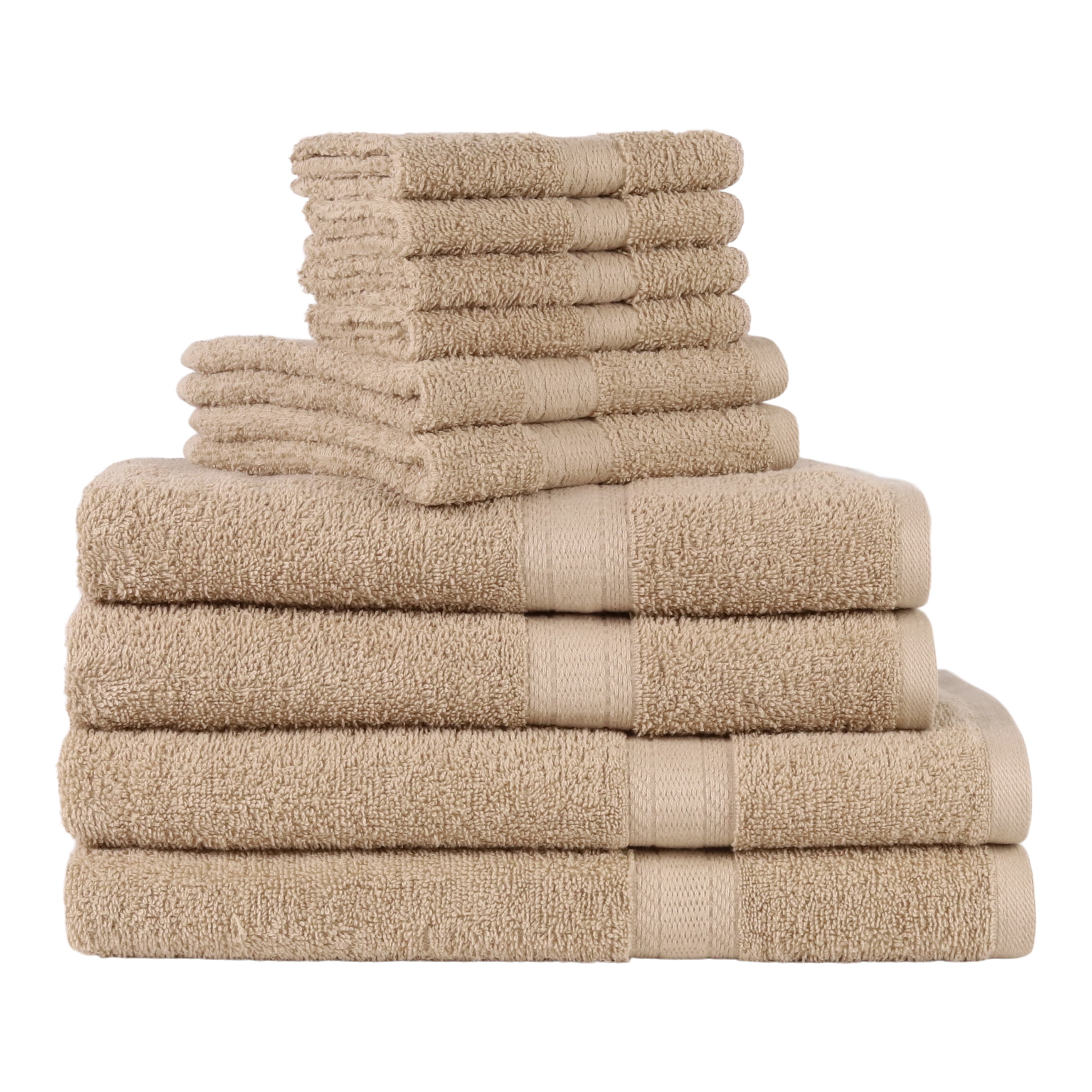 Mainstays 10 Piece 100% Cotton Towel Set, 2 Bath Sheets, 2 Bath 2 Hand and 4 Washcloths, Super Soft and Highly Absorbent Basic Solid Towel Set for Bathroom, Hotels, Spa and Gym – Tan