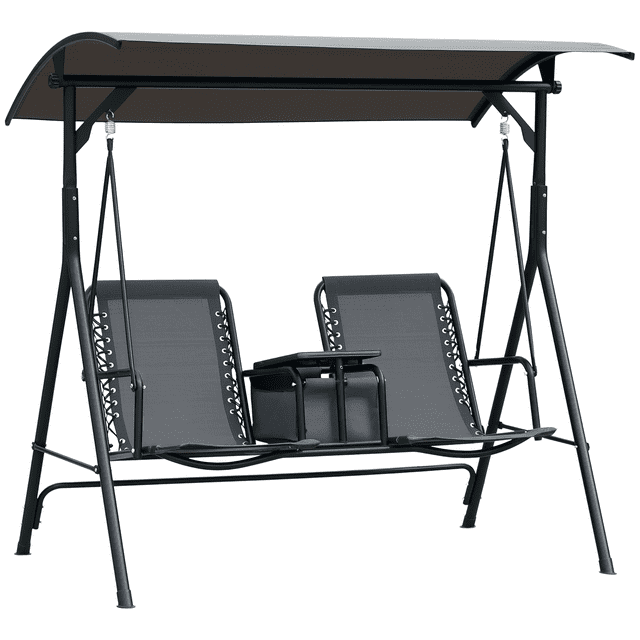 Outsunny 2 Person Covered Porch Swing Patio Swing with Pivot Storage Table, Cup Holder, & Adjustable Overhead Canopy, Grey