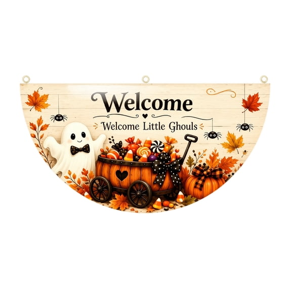 Halloween Half Fan Flag 2 Pack, 35.4 x 15.7 Inch Pumpkin Bunting Banners with 6 Metal Clips, Curved Porch Railing Fence Yard Outdoor Halloween Decor