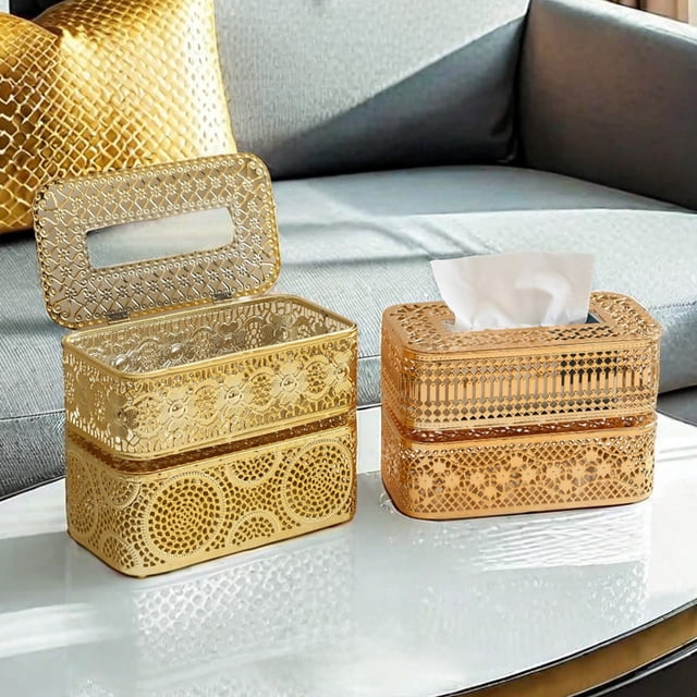 Wrought Iron Tissue Box Holder for Desk - Gold Decorative Storage Box for Living Room & Bedroom with Multi-Functional Organizer