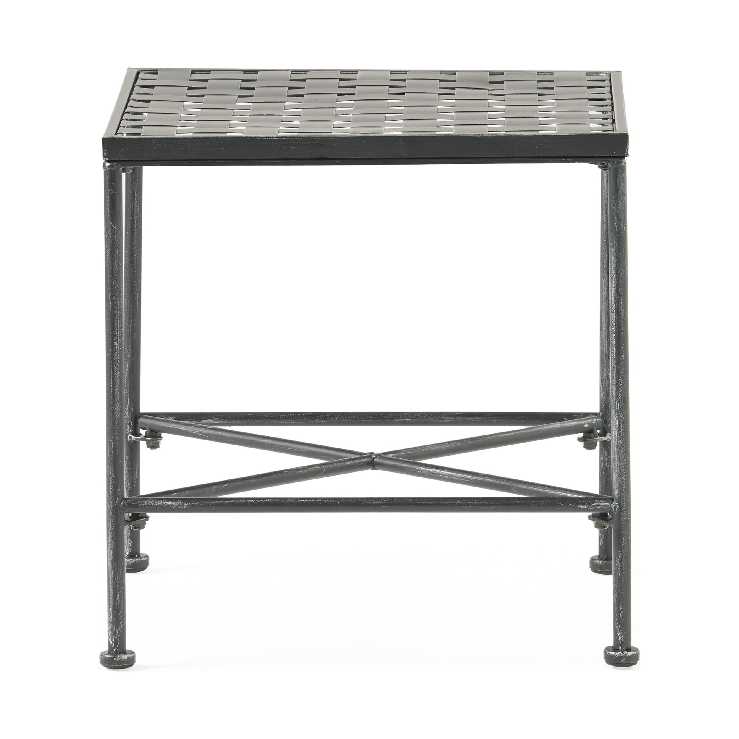 Outdoor Iron Frame End Side Table, Simple Decor Accent Table for Patio Garden, Black Brush Silver