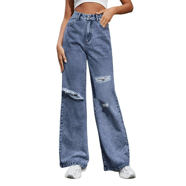 Tiweut Jeans for Women Ripped Straight Leg Denim Long Pants Wide Leg Distressed High Waist Loose Fit Trousers BU2,XS