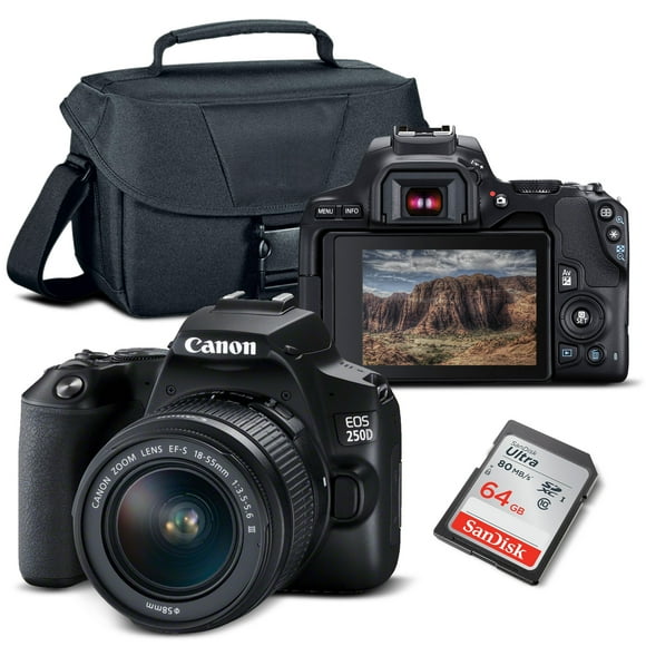 Canon EOS 250D / Rebel SL3 DSLR Camera with 18-55mm Lens (Black) + Bag + 64GB Card and More(International Model)