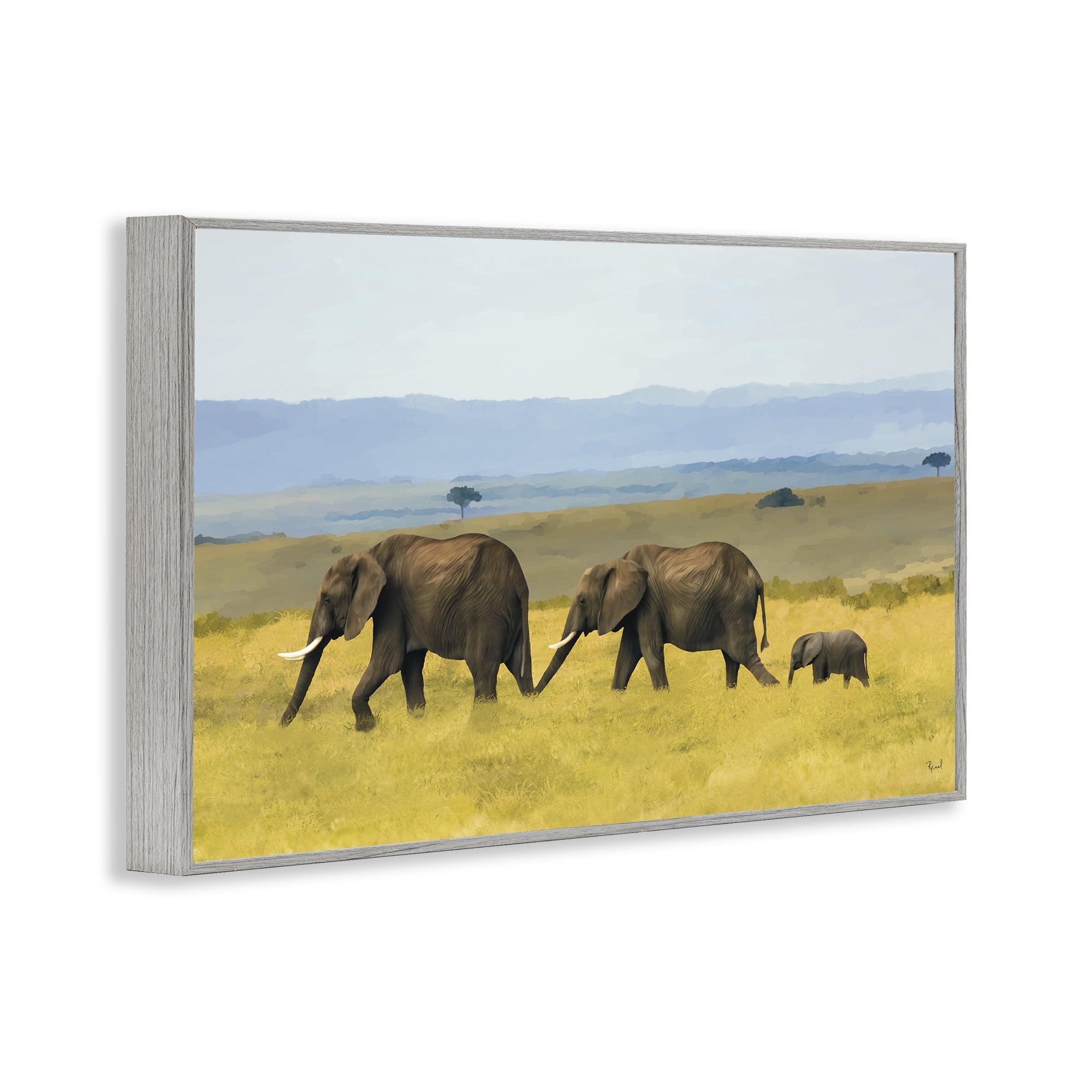 Stupell Industries Elephants In The Grassland Gray Framed Giclee Art, design by Renel Peters