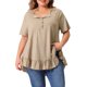 thumbnail image 1 of Agnes Orinda Camisetas de Talla Grande para Mujeres Henley Cuello en V con Botones Cortas con Volantes 3X Marrón Caqui, 1 of 6