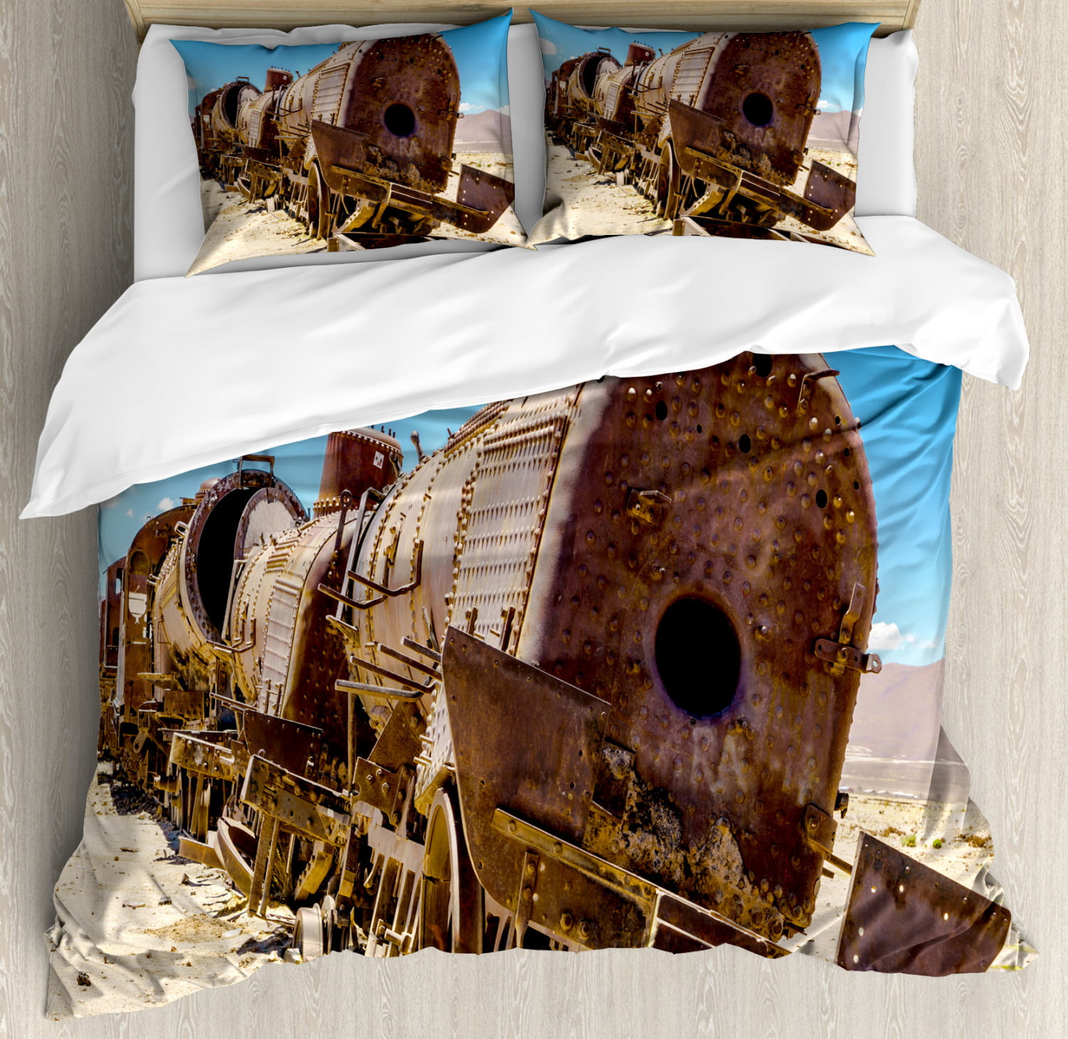 Beddings Style Reversible Print Rustic Old Train 3-Piece 100% Cotton Bedding Set: 1 Duvet Cover and 1 Pillow Shams No Comforter Insert California King Quilt Cover Size
