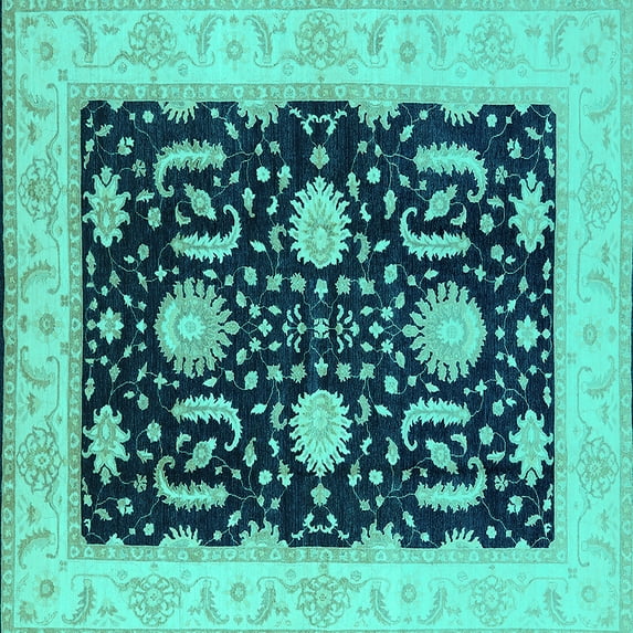 Ahgly Company Machine Washable Indoor Square Oriental Turquoise Blue Industrial Area Rugs, 6' Square